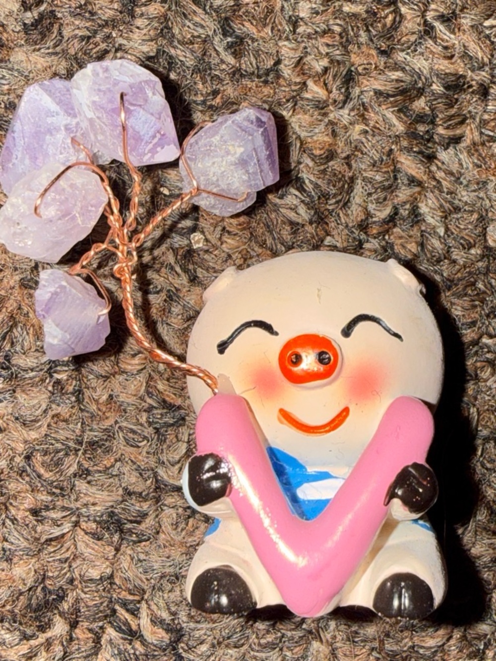 Pink V-Letter Pig Figurine with Amethyst Tree Accent